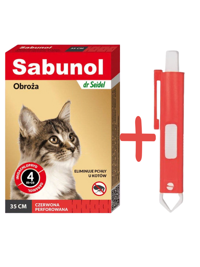 Sabunol czerwona obroża przeciw pchłom  dla kota 35 cm+ TRIXIE Szczypce do usuwania kleszczy 9cm