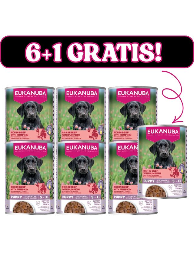 EUKANUBA Mokra karma dla szczeniąt, bogata w wołowinę i dynię 6x400g + 400g Gratis