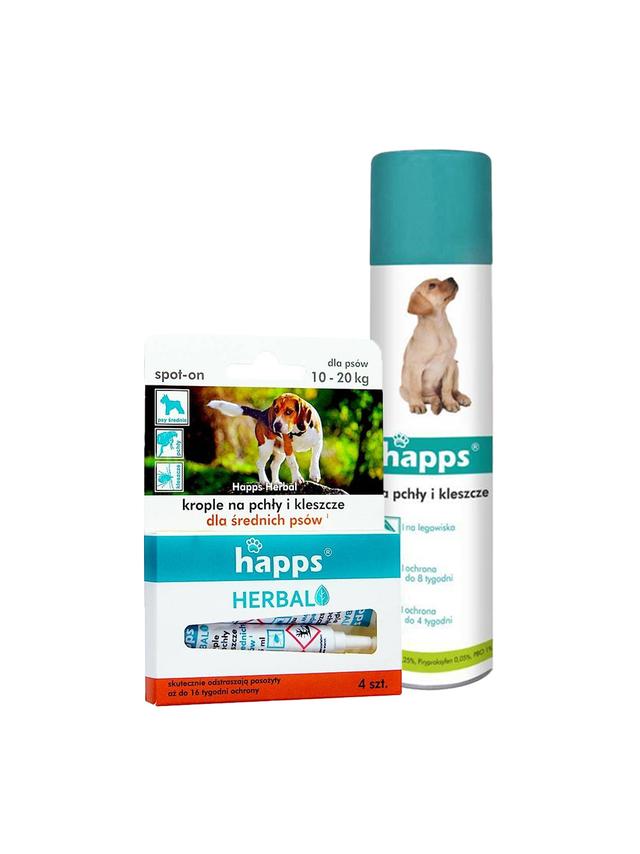 HAPPS Herbal - krople na pchły i kleszcze dla średnich psów 10-20kg + HAPPS -Aerozol na pchły i kleszcze 250ml