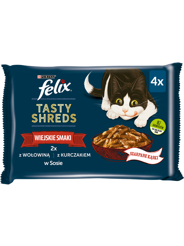 FELIX Tasty Shreds Karma dla dorosłych kotów wiejskie smaki w sosie 4x80g