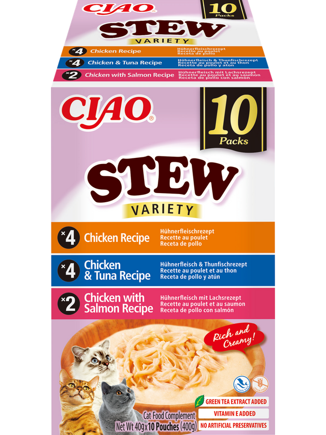 INABA Ciao Stew - karma uzupełniająca dla kota o smaku kurczaka, kurczaka i tuńczyka, kurczaka i łososia 10x40g