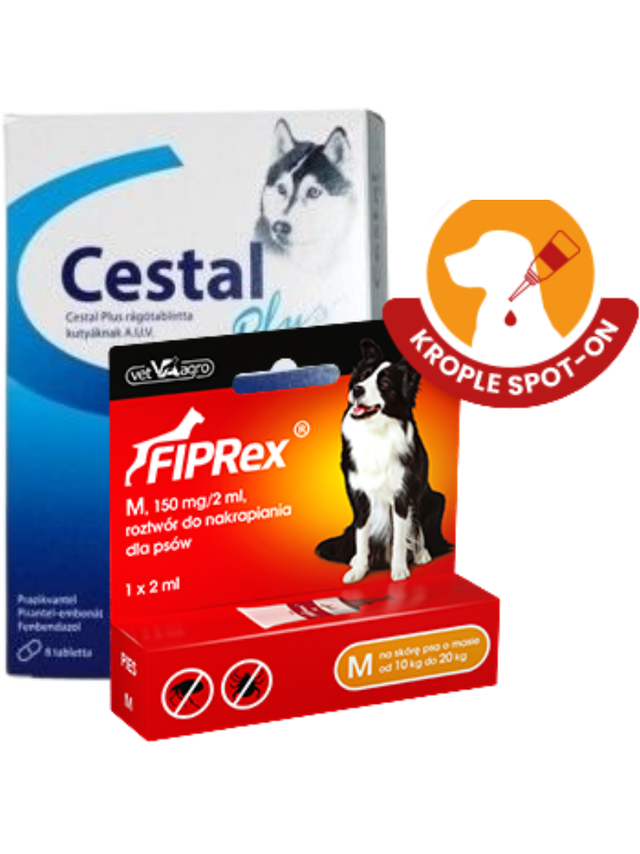 Fiprex M, 150 mg/2ml, roztwór do nakrapiania dla psów+ Cestal Dog Plus tabletki na odrobaczanie psów 2 sztuki