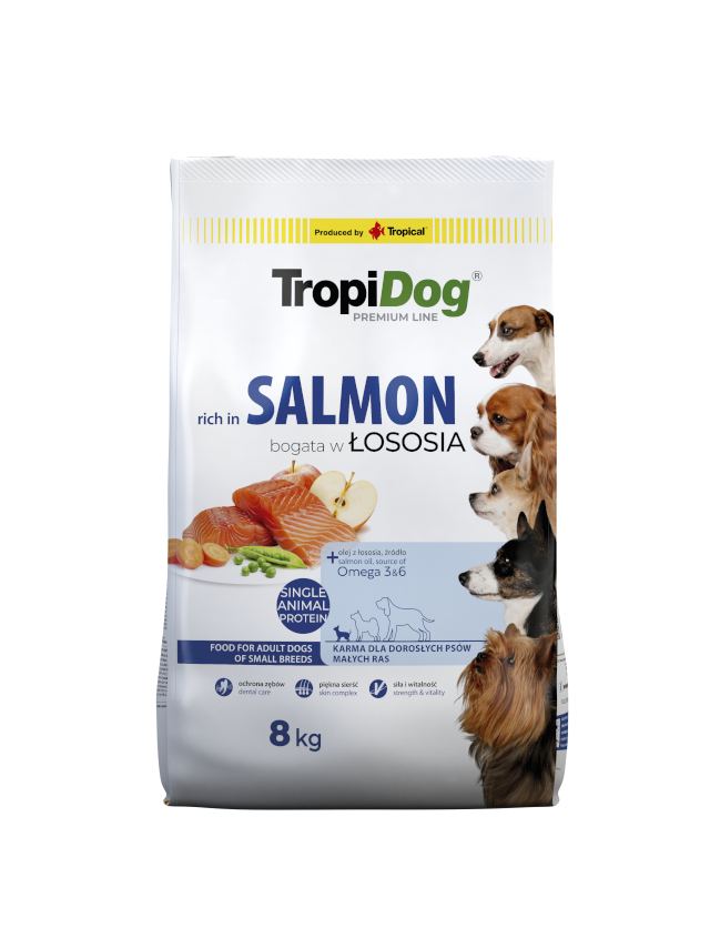TROPIDOG Premium Adult Small Breeds bogaty w łososia i ryż 8kg