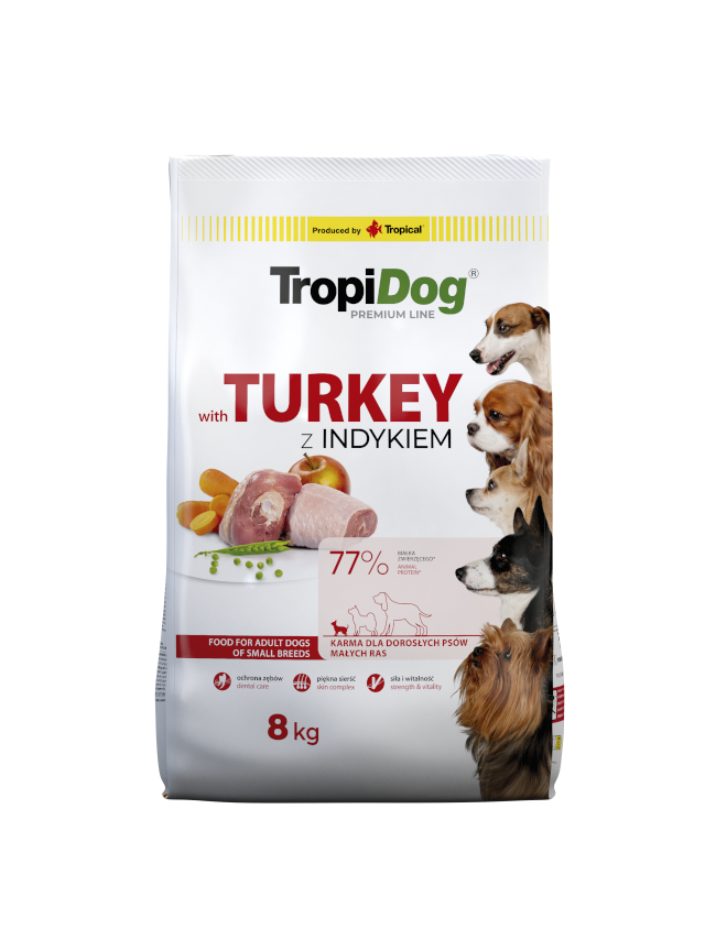 TROPIDOG Premium Adult Small Breeds z indykiem i ryżem 8kg opakowanie uszkodzone (9049,9476)!!!