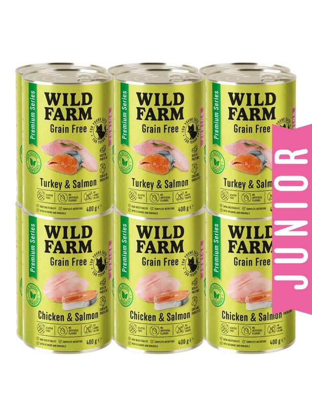 WILD FARM Premium Grain Free Turkey and Salmon / Chicken and Salmon Junior 12x400g  - bezzbożowa karma dla kociąt