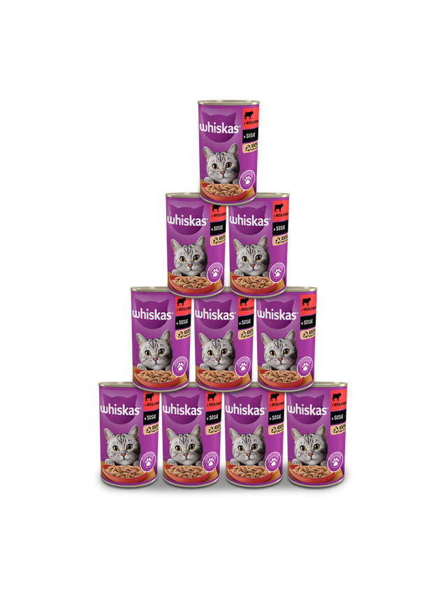 WHISKAS Adult puszka 12x400 g - mokra karma pełnoporcjowa dla dorosłych kotów, kawałki z wołowiną w sosie