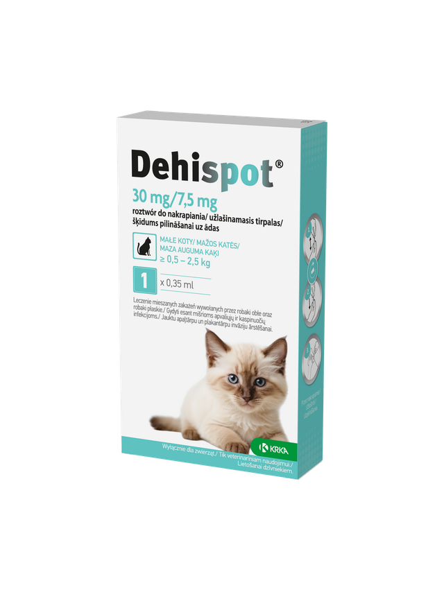 KRKA Dehispot 30 mg/7,5 mg roztwór do nakrapiania dla małych kotów