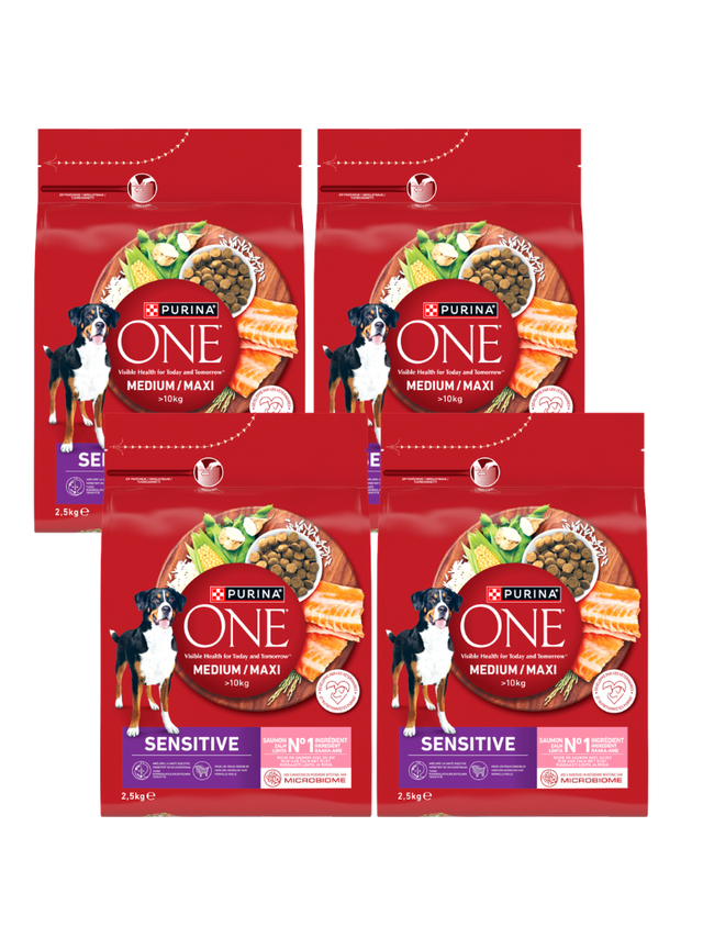 PURINA ONE Sensitive Medium/Maxi Karma dla dorosłych psów bogata w łososia z ryżem 4x2,5 kg