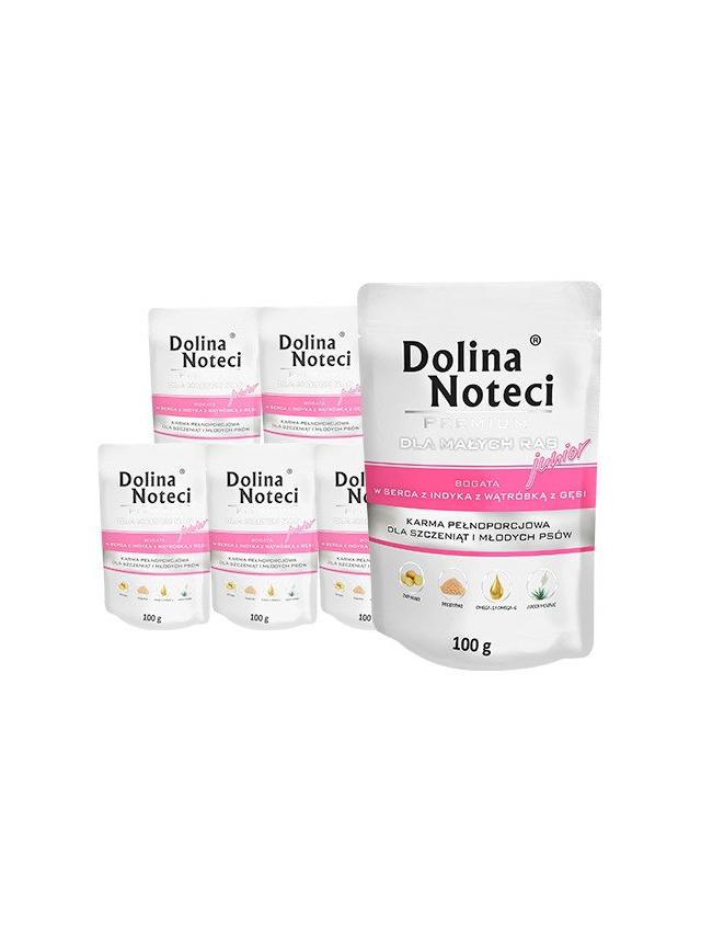 Dolina Noteci PREMIUM dla psów małych ras JUNIOR bogata w serca z indyka z wątróbką z gęsi saszetka  10x100g
