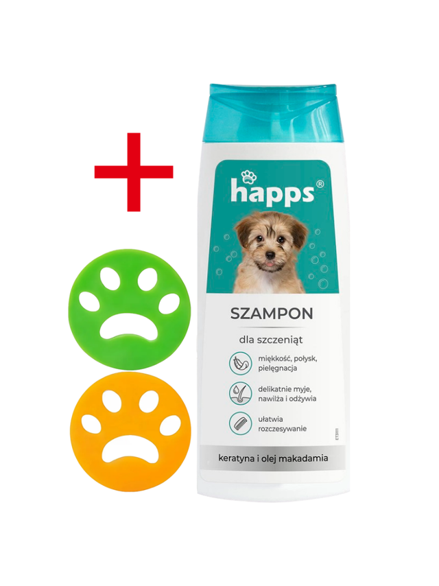 HAPPS - szampon pielęgnacyjny dla szczeniąt 200ml + 2x Czyścik do usuwania sierści - łapka GRATIS!!
