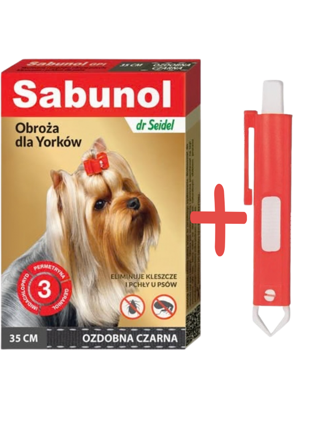 Sabunol ozdobna czarna obroża dla Yorków 35 cm+ TRIXIE Szczypce do usuwania kleszczy 9cm