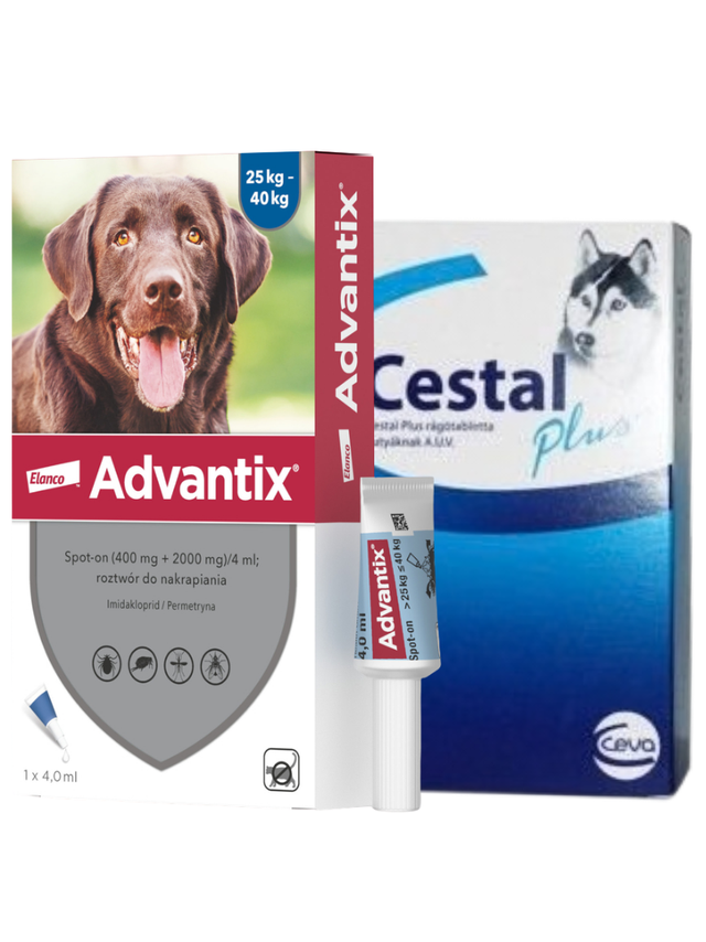 Advantix - dla psów 25-40kg (pipeta 4ml)+ Cestal Dog Plus tabletki na odrobaczanie psów 2 sztuki