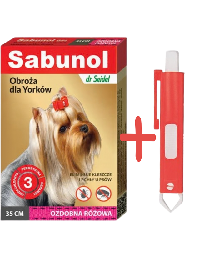 Sabunol ozdobna różowa obroża przeciw pchłom i kleszczom dla psa 35 cm+ TRIXIE Szczypce do usuwania kleszczy 9cm