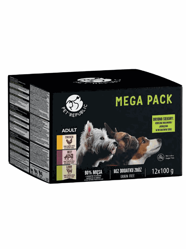 PetRepublic karma mokra dla psów małych ras kawałki w delikatnym sosie MIX 3 smaków 12x100g