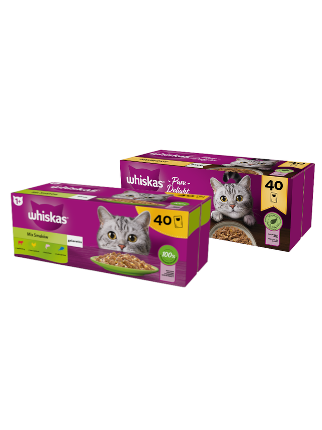WHISKAS Adult saszetki 40 x 85 g Mix Smaków - mokra karma dla dorosłego kota, w galaretce + WHISKAS Adult saszetki 40 x 85 g Drobiowe Frykasy