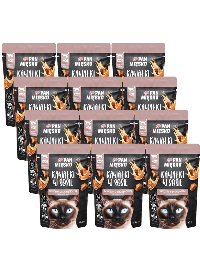 PAN MIĘSKO Kawałki w sosie Kurczak z przepiórką 12x85g dla kota