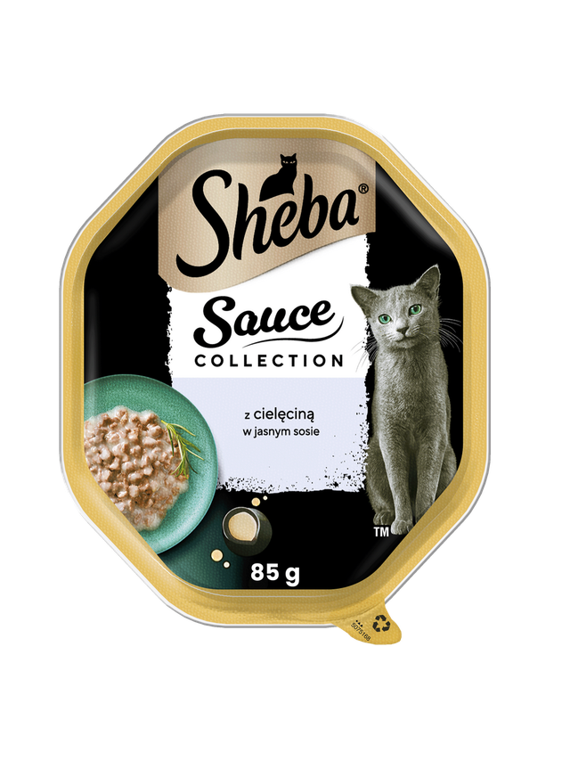 SHEBA Sauce Collection tacka 85g – mokra karma pełnoporcjowa dla dorosłych kotów, kawałki z cielęciną, w sosie