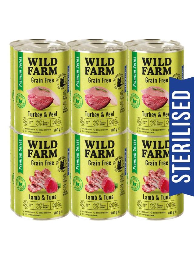 WILD FARM Premium Grain Free Turkey and Veal / Lamb and Tuna 12x400g  - bezzbożowa karma dla kota sterylizowanego
