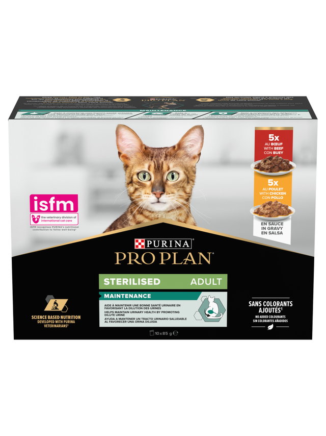 PRO PLAN Sterilised Mokra karma dla kotów wysterylizowanych z wołowiną i kurczakiem w sosie 10x85g