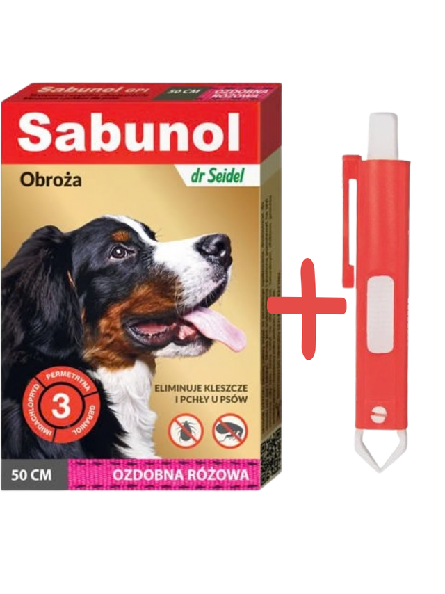 Sabunol ozdobna różowa obroża przeciw pchłom i kleszczom dla psa 50 cm+TRIXIE Szczypce do usuwania kleszczy 9cm
