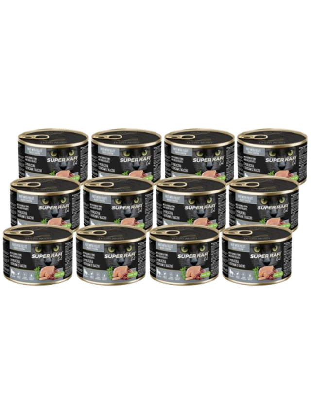 DOLINA NOTECI Super Rafi Cat P&F z perliczką i sercami z kaczki dla kotów sterylizowanych 12x185g