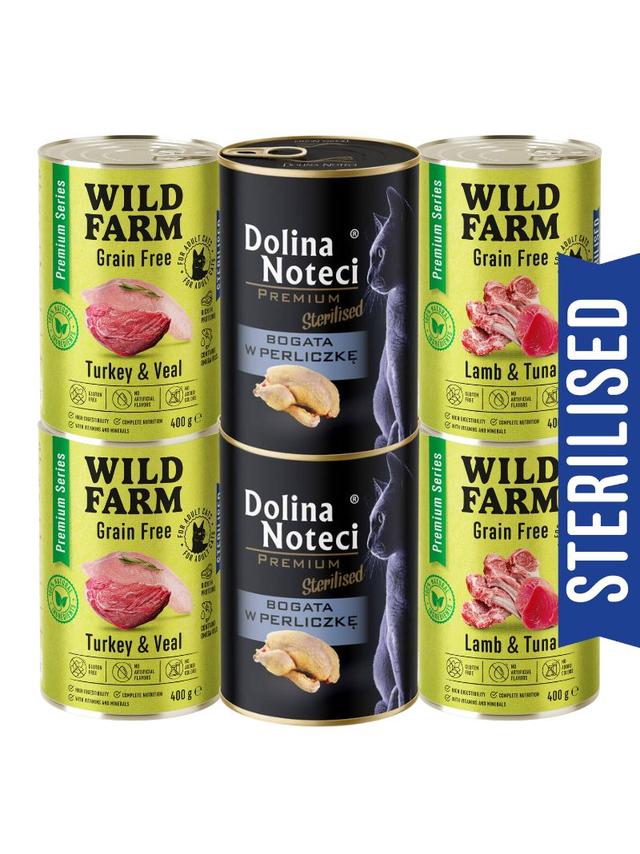 WILD FARM Premium Grain Free + Dolina Noteci 6x400g  - bezzbożowa karma dla kota sterylizowanego