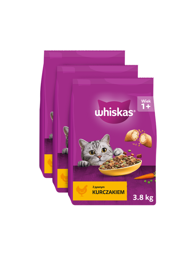 WHISKAS Adult 11,4kg (3x3,8kg) - sucha karma dla dorosłego kota, z pysznym kurczakiem