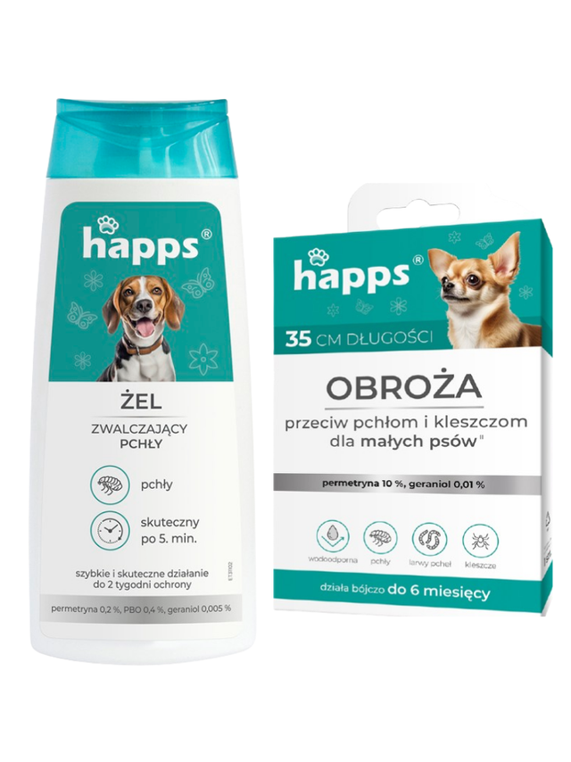 HAPPS - żel zwalczający pchły 150ml + HAPPS - obroża przeciw pchłom i kleszczom dla małych psów 35cm