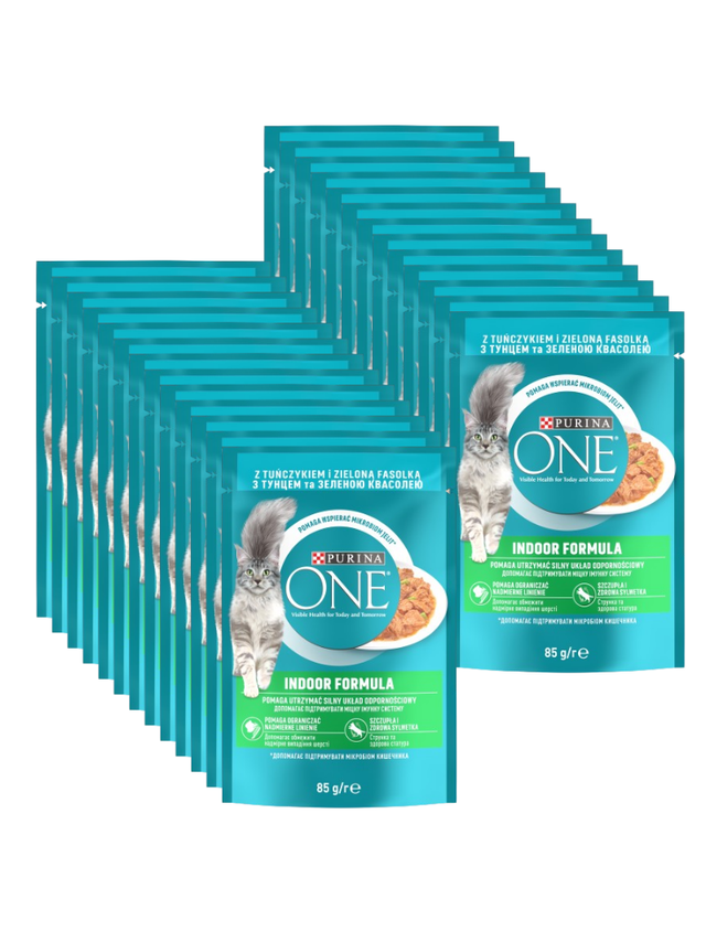 Purina One Indoor Formula Karma dla kotów z tuńczykiem i zielona fasolką 26x85 g