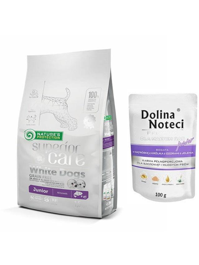 NATURES PROTECTION Superior Care Grain Free White Dog Junior All Breeds 1,5kg  + Dolina Noteci JUNIOR 100g
