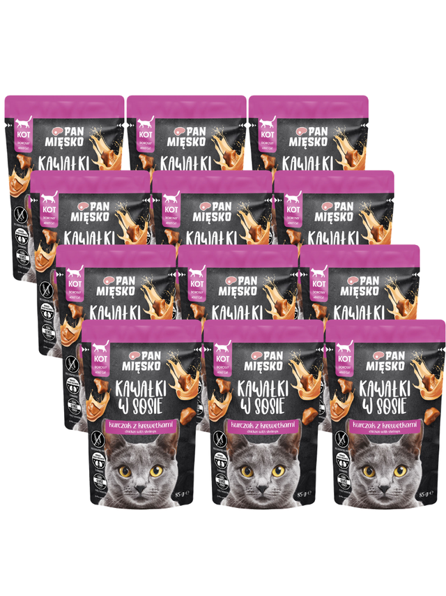 PAN MIĘSKO Kawałki w sosie Kurczak z krewetkami 12x85g dla kota