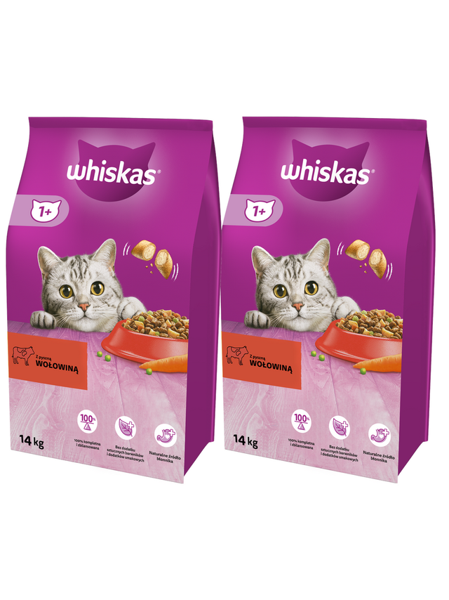 WHISKAS Adult 2x14 kg - sucha karma dla dorosłego kota, z pyszną wołowiną