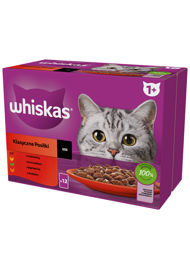 WHISKAS Adult saszetki 12 x 85 g Klasyczne Posiłki - mokra karma dla dorosłego kota, w sosie (kawałki z: wołowiną, kurczakiem, jagnięciną, drobiem)