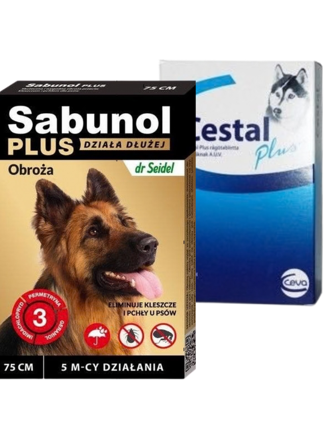 Sabunol Plus - Obroża przeciw pchłom i kleszczom dla psa 75cm+ Cestal Dog Plus tabletki na odrobaczanie psów 2 sztuki