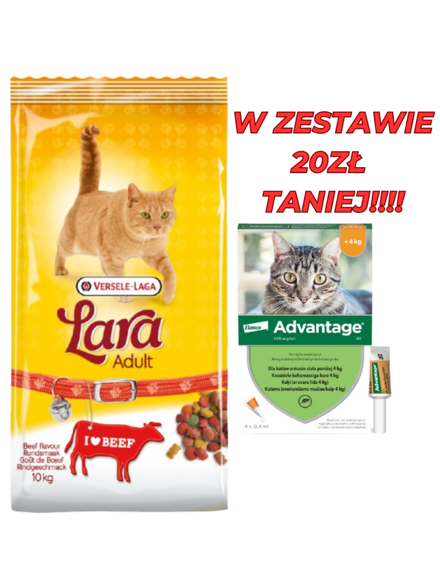 VERSELE-LAGA Lara Adult Beef 10kg + Advantage - dla kotów (0,4mlx4) *roztwór* blister