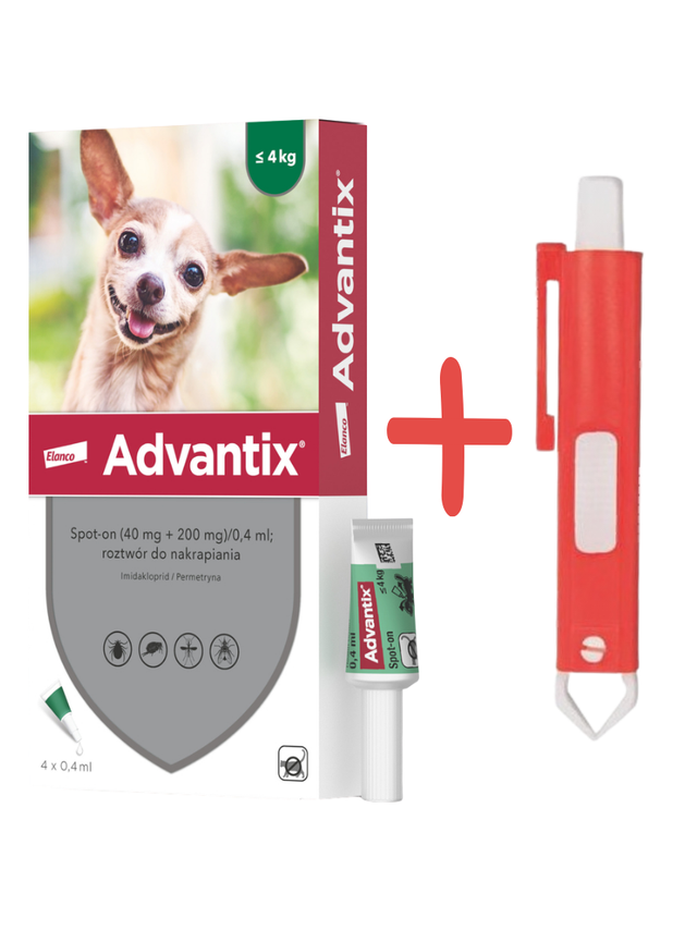 Advantix - dla psów do 4kg (4 pipety x 0,4ml)+ TRIXIE Szczypce do usuwania kleszczy 9cm