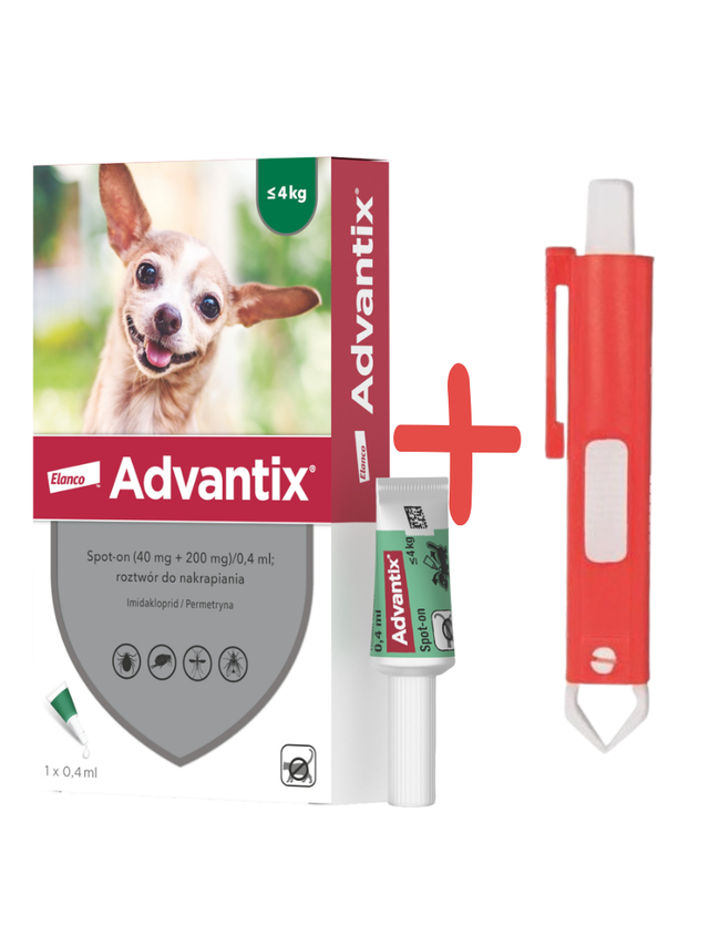 Advantix - dla psów do 4kg (pipeta 0,4ml)+ TRIXIE Szczypce do usuwania kleszczy 9cm