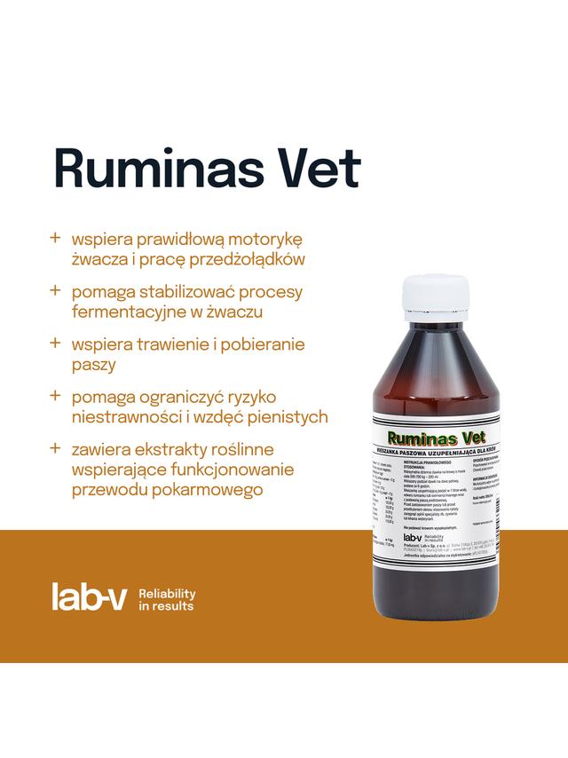Lab-v Ruminas Vet - Mieszanka Paszowa Uzupełniająca Na Prawidłowe Funkcjonowanie Przewodu Pokarmowego Dla Krów 200ml
