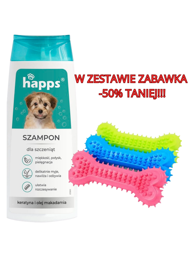 HAPPS - szampon pielęgnacyjny dla szczeniąt 200ml + NUXIE Zabawka gumowa dla psa - gryzak kość 14cm 50% TANIEJ!!