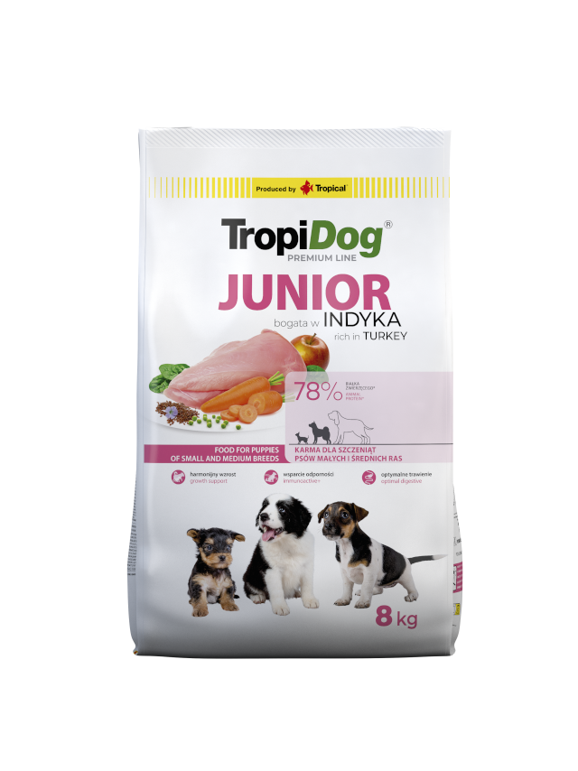 TROPIDOG Premium Junior Small and Medium Breeds bogaty w indyka i ryż 8kg