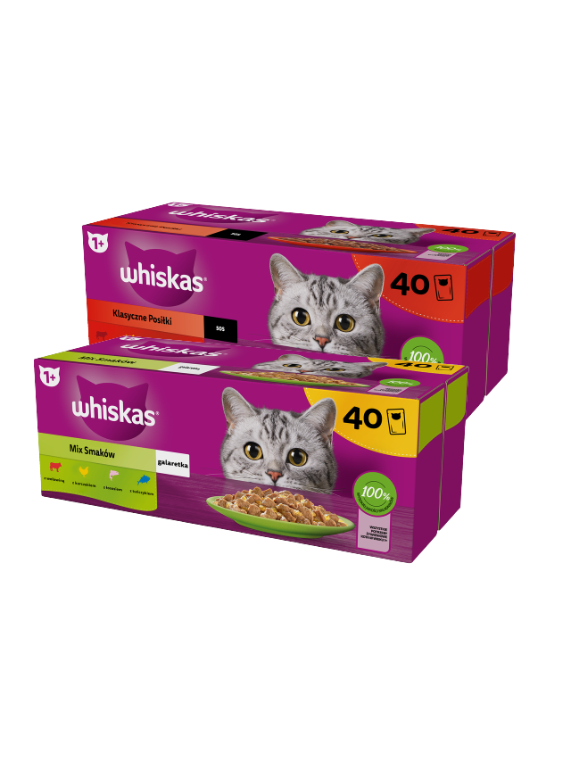 WHISKAS Adult saszetki 40 x 85 g Mix Smaków - mokra karma dla dorosłego kota, w galaretce + WHISKAS Adult saszetki 40 x 85 g Klasyczne Posiłki