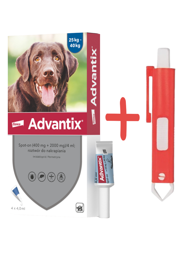 Advantix - dla psów 25-40kg (4 pipety x 4ml)+TRIXIE Szczypce do usuwania kleszczy 9cm