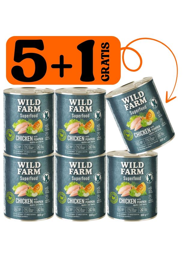 WILD FARM Superfood Chicken (Kurczak z dynią, jabłkiem i ziołami) 5x800g + 800g GRATIS bezzbożowa karma dla psa