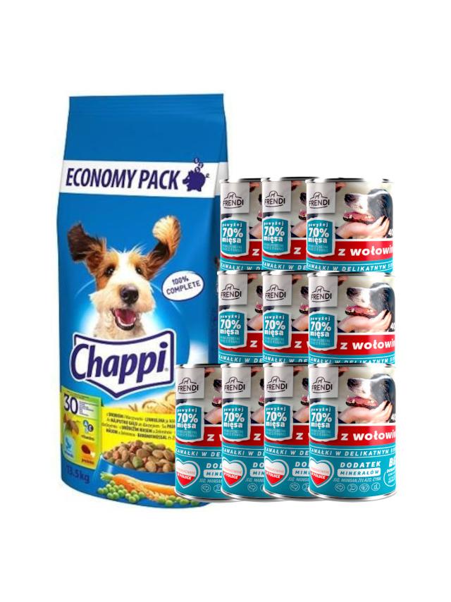 CHAPPI 13,5kg - sucha karma dla psów z drobiem i warzywami + Frendi kawałki  z wołowiną 10x400g