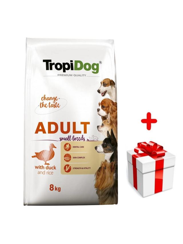 TROPIDOG Premium Adult Small Breeds z kaczką i ryżem 8kg + niespodzianka dla psa GRATIS!