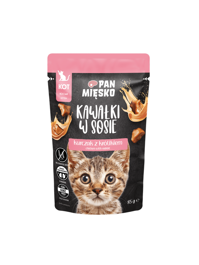 PAN MIĘSKO Kawałki w sosie Kurczak z królikiem 85g dla kociaka
