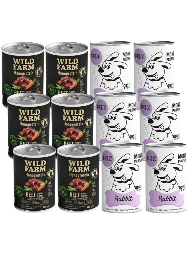 PEPE MONO PROTEIN Rabbit (królik) + WILD FARM Monoprotein Beef 12x400g