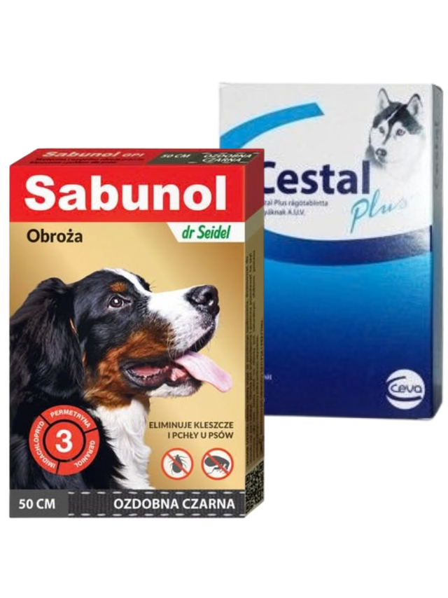 Sabunol - ozdobna czarna obroża przeciw pchłom i kleszczom dla psa 50 cm+Cestal Dog Plus tabletki na odrobaczanie psów 2 sztuki