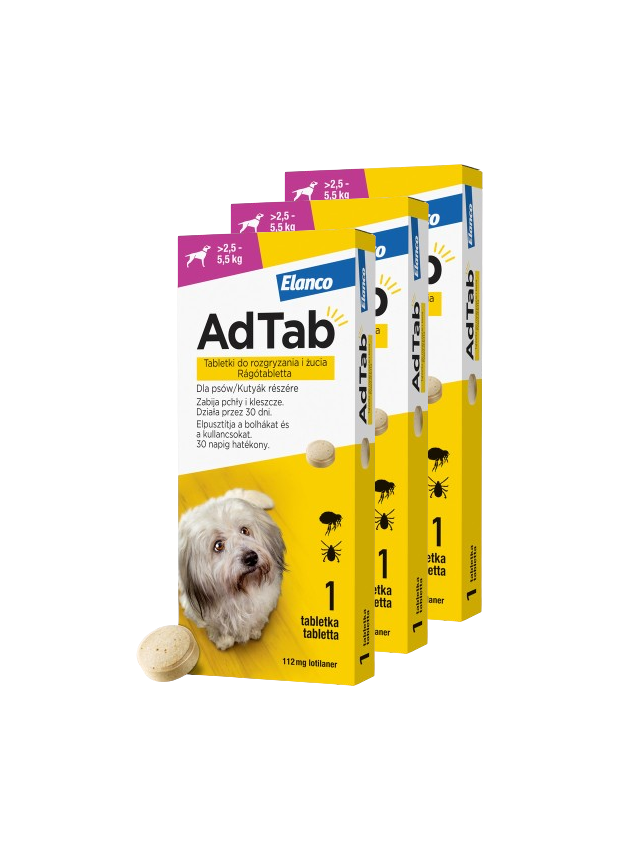 ELANCO 3xAdTab 112mg tabletki na pchły i kleszcze dla psów >2,5-5,5 kg