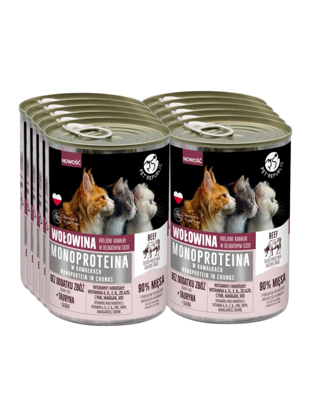 PetRepublic karma monoproteinowa wołowa dla kota, kawałki w sosie 10x400g